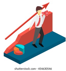 Business man with a megaphone. Isometric 3D illustration.