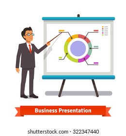 Business man mentor delivering presentation speech pointing on donut pie chart slide. Flat style vector illustration isolated on white background.
