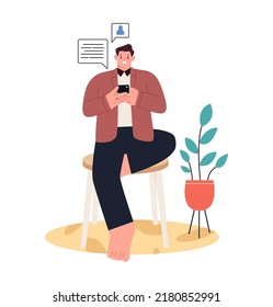 Business man with mobile phone in chair at home, texting messages in social media app. Person holding smartphone, chatting online via internet. Vector illustration 
