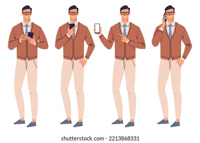 Hombre de negocios con teléfono móvil en poses diferentes. Un hombre con anteojos y corbata aislada en un fondo blanco. Un trabajador de oficina llama, muestra la pantalla del teléfono, usa el teléfono. Vector plano.