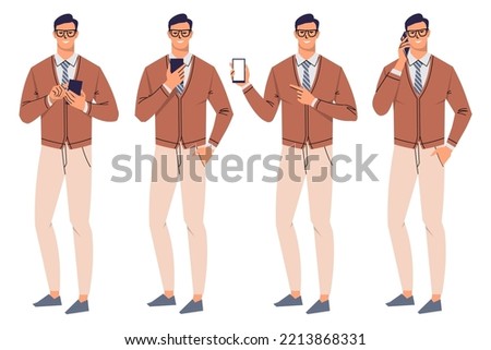 Business man with mobile phone standing in different poses. A man in glasses and a tie isolated on a white background. An office worker calls, shows the phone screen, uses the phone. Flat vector.
