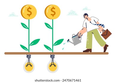 Business man monetizes ideas to generate income from startup, waters seeds from light bulbs. Plants with money instead of fruits near guy who monetizes innovation and makes profit.