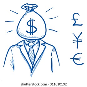 Business man with money bag instead of head, symbolizing avarice, broker, money, success, hand drawn doodle vector illustration