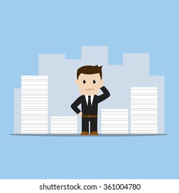 Business Man With Too Much Work, Flat Design, Blue Background Vector Illustration.