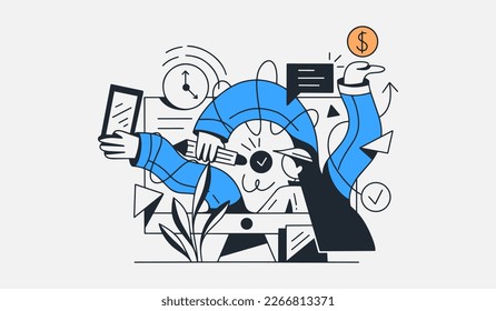 Business man with multitasking skills sitting at his laptop with office icons on a background. Freelance worker, Flat vector illustration isolated on white background