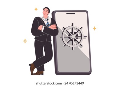 Business man near phone with safe on display for storing passwords for accounts and deposits with money or cryptocurrency. Successful guy uses online banking in mobile application to manage accounts