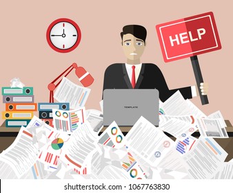 Business man needs help under a lot of documents in office at the desk and holding a HELP placard.