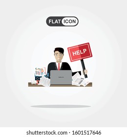Business man needs help under a lot of documents in office at the desk and holding a HELP placard.
