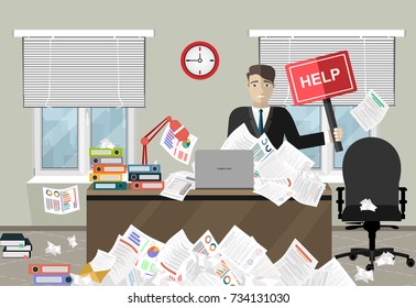 Business man needs help under a lot of documents in office at the desk and holding a HELP placard.