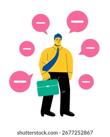 Business man with negative thinking symbol. Negative thinking concept. Flat vector illustration isolated on white background
