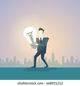 Business Man New Creative Idea Concept Hold Light Bulb Flat Vector Illustration