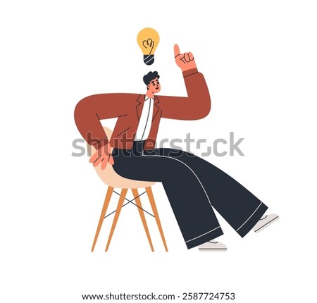 Business man with new creative idea, lightbulb above head. Employee thinking, creating with light bulb. Smart solution, eureka, thought concept. Flat vector illustration isolated on white background