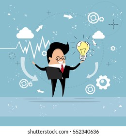 Business Man New Idea Concept Hold Light Bulb Flat Vector Illustration