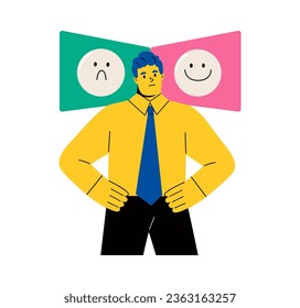 Business man is next to two icons with sad and cheerful faces. Choice of mood. Flat vector illustration isolated on white background