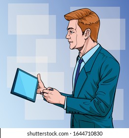 Business man with a notebook Talk about meetings Illustration vector On pop art comics style Boards background