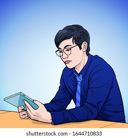 Business man with a notebook Talk about meetings Illustration vector On pop art comics style Boards background