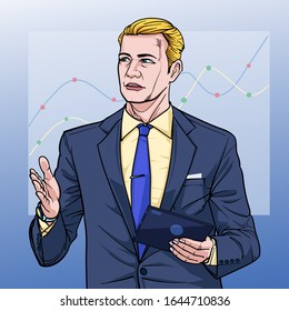 Hombre de negocios con un bloc de notas Hablar sobre reuniones Vector de ilustración En el estilo de cómics pop Antecedentes de los paneles