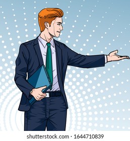 Business man with a notebook Talk about meetings Illustration vector On pop art comics style Boards background
