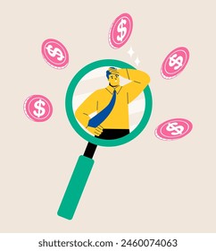 Business man observing a huge coin with a magnifying glass. Financial study, observation concept. Flat vector illustration isolated on white background
