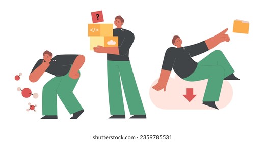 A business man is observing something. Many boxes are piling up in his hands. He is sitting on a cloud of data. flat vector illustration.