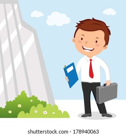 Business Man And Office Building. Vector Illustration Of A Confident Young Man With His Resume, Going For Interview.