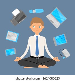 Business man office meditation, relax with office electronic gadgets around zen balance lotus yoga vector illustration. Caucasian business man meditating in office to keep calm under stress pressure.