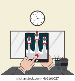 Business man in the office push start button to launch the rocket to the sky  flat design concept for start up business