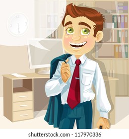 Business man in office with speech bubble gonna go home