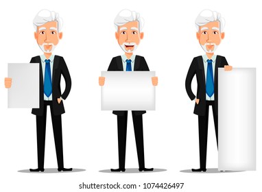 Business man in office style clothes with gray hair. Businessman cartoon character, set with blank placards. Vector illustration on white background