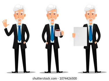 Business man in office style clothes with gray hair. Businessman cartoon character, set with greeting gesture, with cup of hot drink and with blank placard. Vector illustration on white background