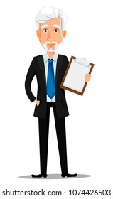 Business man in office style clothes with gray hair. Businessman cartoon character holding blank clipboard. Vector illustration on white background