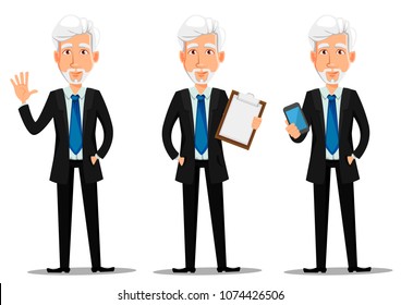 Business man in office style clothes with gray hair. Businessman cartoon character, set with checklist, with smartphone and with greeting gesture. Vector illustration on white background