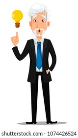 Business man in office style clothes with gray hair. Businessman cartoon character having a good idea. Vector illustration on white background