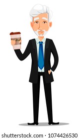 Business man in office style clothes with gray hair. Sad businessman cartoon character holding coffee. Vector illustration on white background