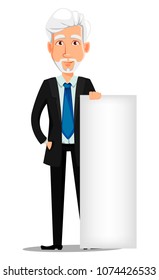 Business man in office style clothes with gray hair. Businessman cartoon character standing near blank placard. Vector illustration on white background