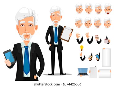 Business man in office style clothes with gray hair. Businessman cartoon character creation set, pack of body parts and emotions. Vector illustration on white background