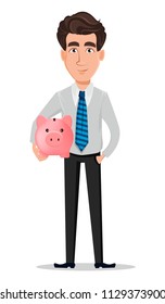 Business man in office style clothes. Businessman, banker, manager, cartoon character holding piggy bank. Vector illustration