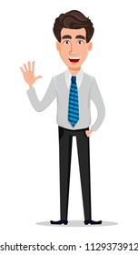 Business man in office style clothes. Businessman, banker, manager, cartoon character waving hand. Vector illustration