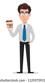 Business man in office style clothes. Businessman, banker, manager, cartoon character holding a cup of coffee. Vector illustration