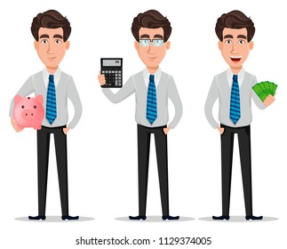Business man in office style clothes, set of three poses. Businessman, banker, manager, cartoon character holding piggy bank, holding calculator and holding money. Vector illustration