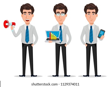 Business man in office style clothes, set of three poses. Businessman, banker, manager, cartoon character holding loudspeaker, holding laptop and holding smartphone. Vector illustration
