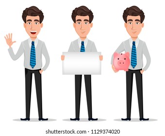 Business man in office style clothes, set of three poses. Businessman, banker, manager, cartoon character waving hand, holding placard and holding piggy bank. Vector illustration