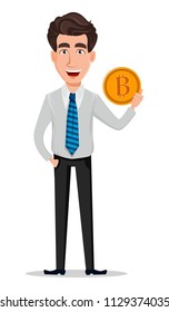 Business man in office style clothes. Businessman, banker, manager, cartoon character holding bitcoin. Vector illustration