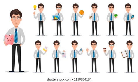 Business Man In Office Style Clothes. Businessman, Banker, Manager, Cartoon Character, Set Of Thirteen Poses. Vector Illustration