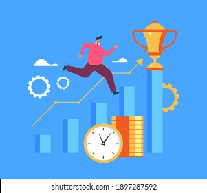 Business man office worker character running to success golden cup award concept. Vector flat graphic design illustration