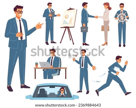 Business man. Office worker different activities, manager workaday, various poses and emotions, presentation, negotiations, driving car, sitting at workplace, running and standing vector set