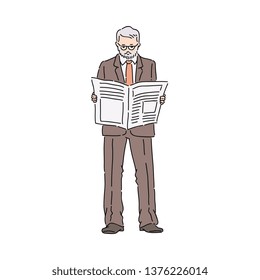 Business man or office worker in a formal suit reading newspaper hand drawing sketch. Male studying today media publication Vector Illustration isolated on white.