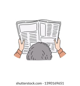 Business man or office worker reading a newspaper only hands and head top view hand drawing sketch. A man studying today publishing media vector illustration isolated on white.