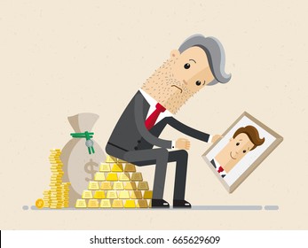 Business man in old age sits on gold bars and remembers his youth. Vector, illustration, flat