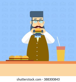 Business Man On Break Eat Fast Food Burger Sandwich Lunch Flat Vector Illustration